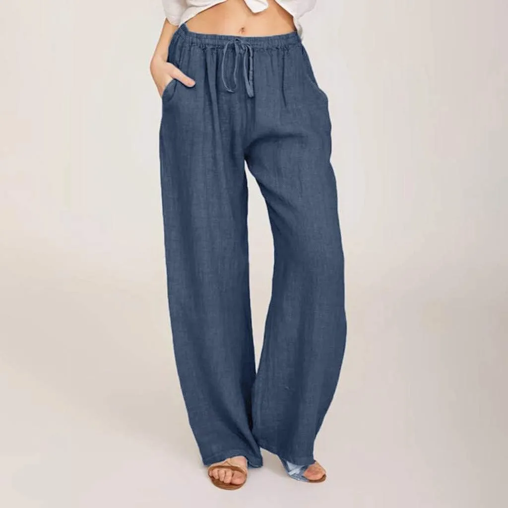 Womens Cotton Linen Pants Summer Casual Palazzo Pants Drawstring High Waist Harem Slacks Long Trousers with Pockets