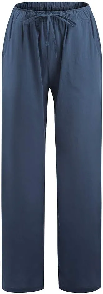 Womens Cotton Linen Pants Summer Casual Palazzo Pants Drawstring High Waist Harem Slacks Long Trousers with Pockets