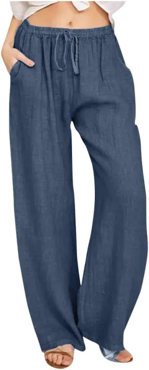 Womens Cotton Linen Pants Summer Casual Palazzo Pants Drawstring High Waist Harem Slacks Long Trousers with Pockets