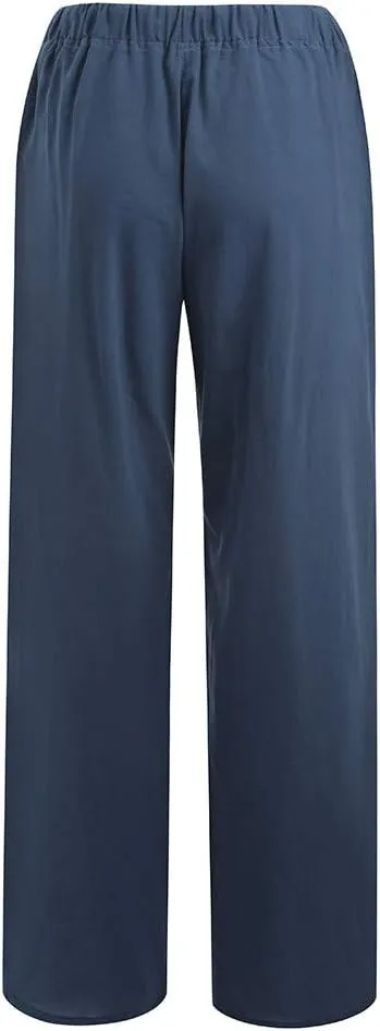 Womens Cotton Linen Pants Summer Casual Palazzo Pants Drawstring High Waist Harem Slacks Long Trousers with Pockets
