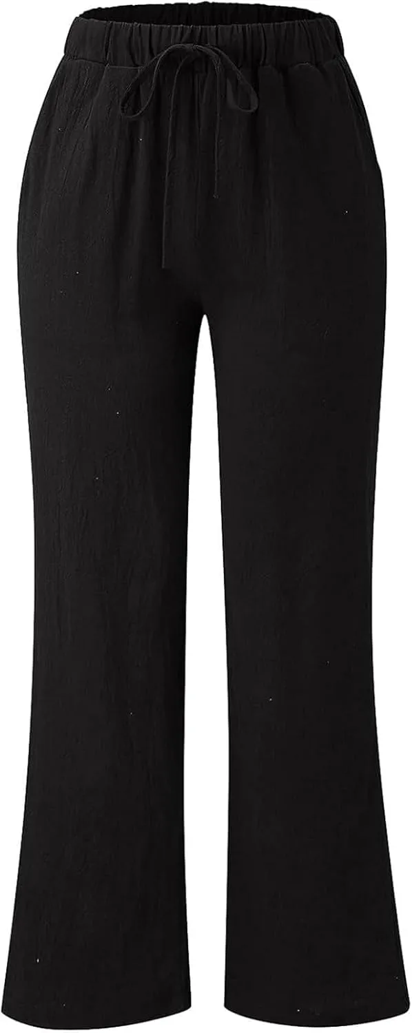 Women's Cotton Linen Pants Summer Wide Leg Casual Loose Drawstring High Waist Palazzo Trousers Pants Tie Knot Lounge