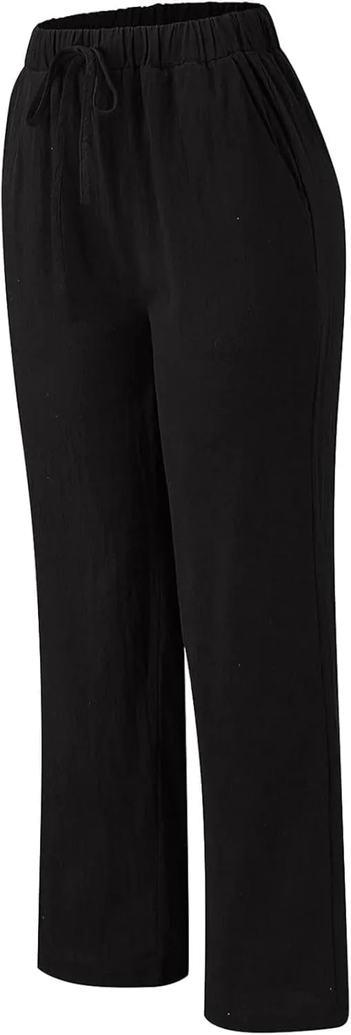 Women's Cotton Linen Pants Summer Wide Leg Casual Loose Drawstring High Waist Palazzo Trousers Pants Tie Knot Lounge