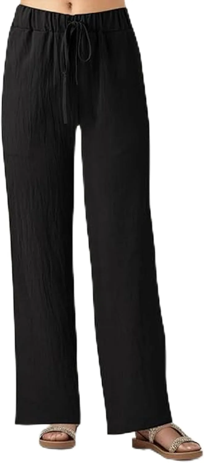 Women's Cotton Linen Pants Summer Wide Leg Casual Loose Drawstring High Waist Palazzo Trousers Pants Tie Knot Lounge