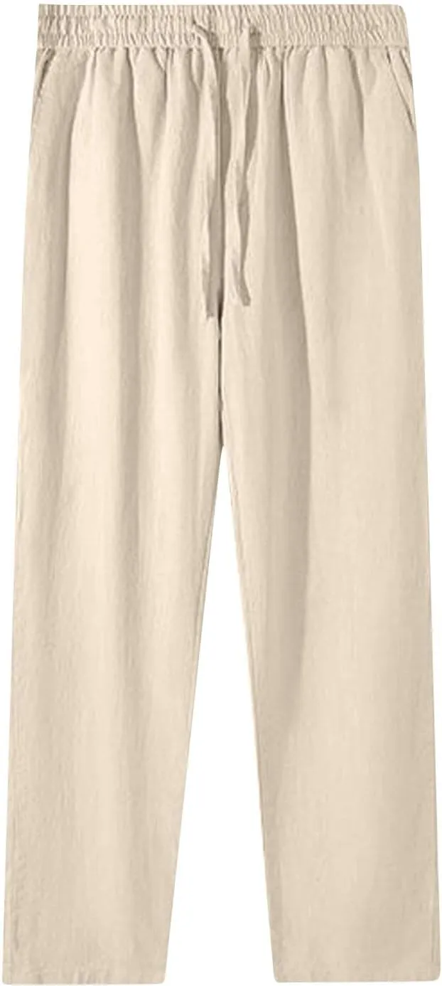 Women's Cotton Linen Straight Leg Pants Plus Size Drawstring Casual Trousers with Pockets Summer Beach Lounge Pant