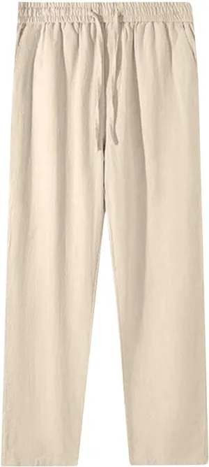 Women's Cotton Linen Straight Leg Pants Plus Size Drawstring Casual Trousers with Pockets Summer Beach Lounge Pant