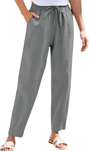 Women's Cotton Linen Straight Leg Pants Summer Wide Leg Business High Waisted Long Beach Trousers with Pockets