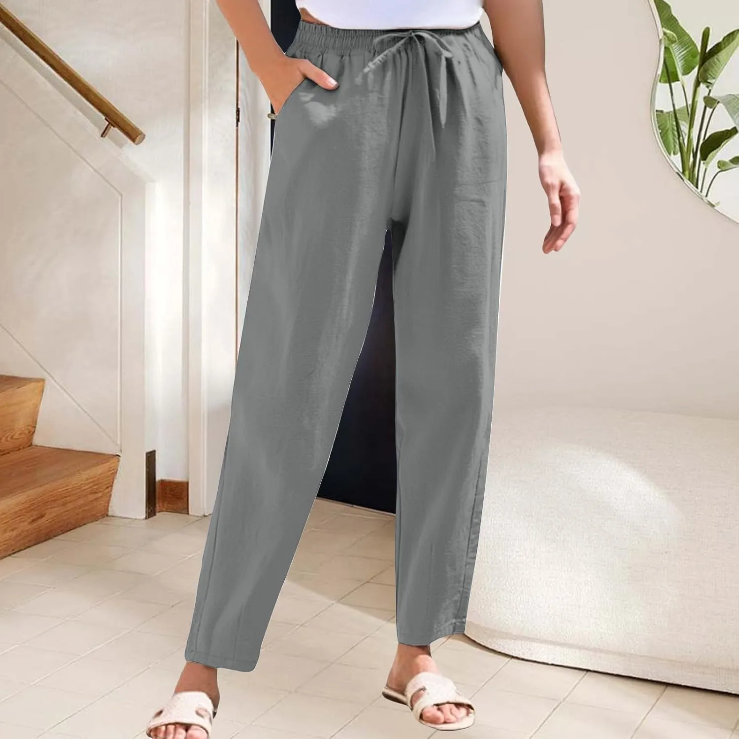 Women's Cotton Linen Straight Leg Pants Summer Wide Leg Business High Waisted Long Beach Trousers with Pockets