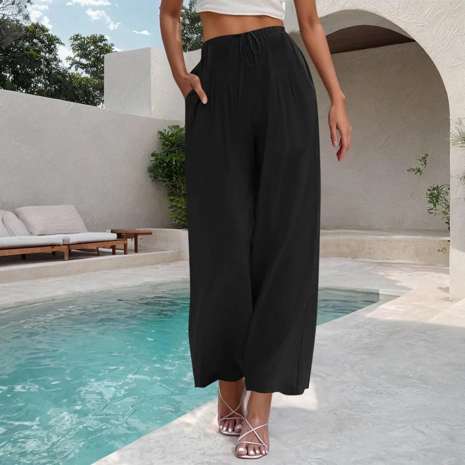 Women's Cotton Linen Summer Palazzo Pants Drawstring Elastic Waist Causal Flowy Wide Leg Beach Trousers with Pockets