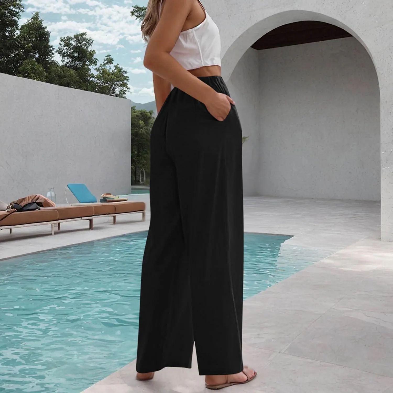 Women's Cotton Linen Summer Palazzo Pants Drawstring Elastic Waist Causal Flowy Wide Leg Beach Trousers with Pockets