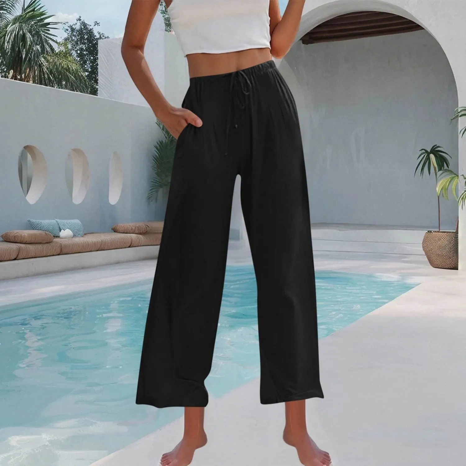Women's Cotton Linen Summer Palazzo Pants Drawstring Elastic Waist Causal Flowy Wide Leg Beach Trousers with Pockets