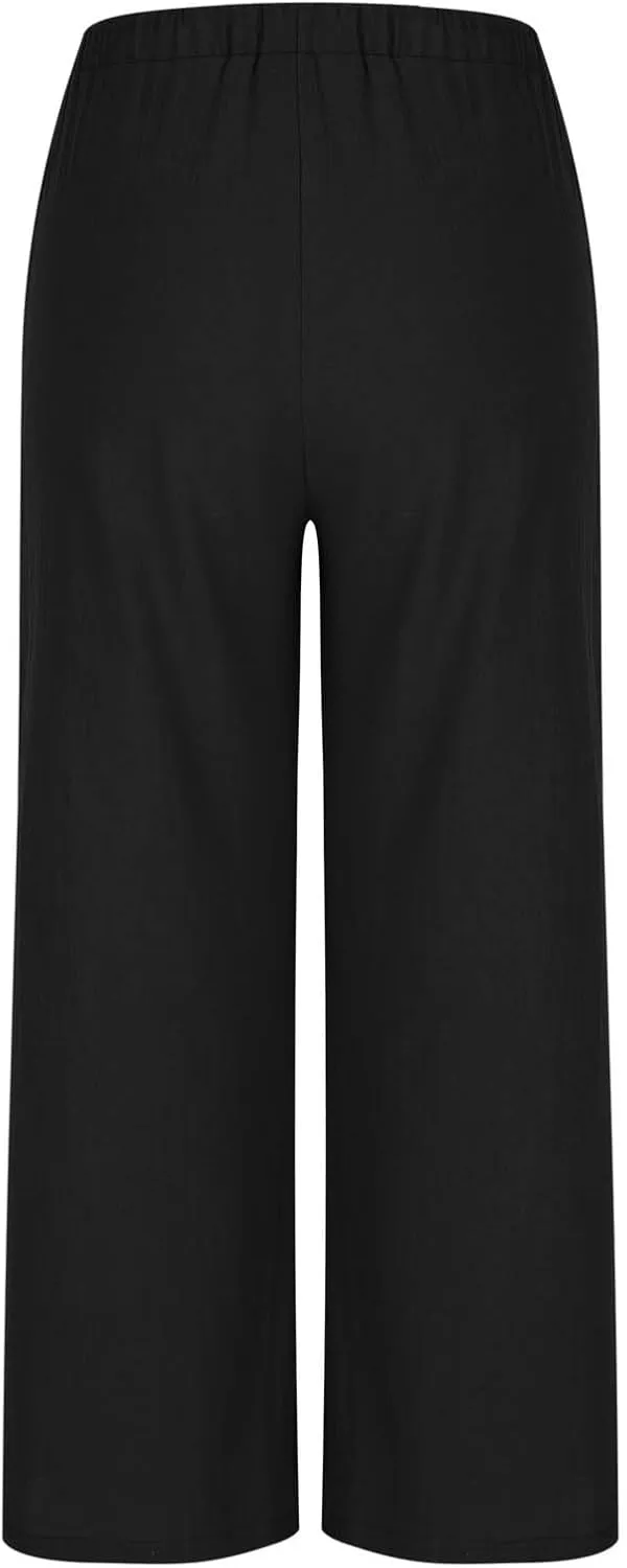 Women's Cotton Linen Summer Palazzo Pants Drawstring Elastic Waist Causal Flowy Wide Leg Beach Trousers with Pockets