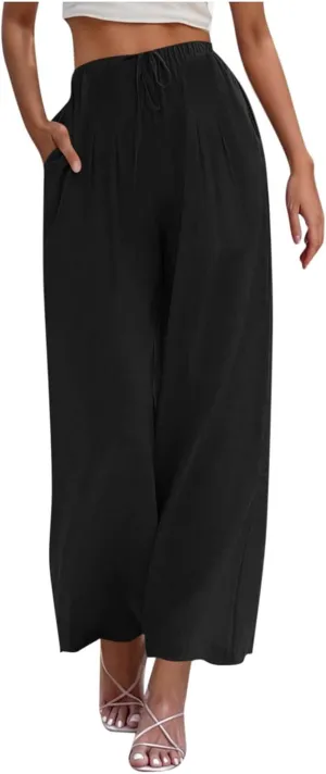 Women's Cotton Linen Summer Palazzo Pants Drawstring Elastic Waist Causal Flowy Wide Leg Beach Trousers with Pockets