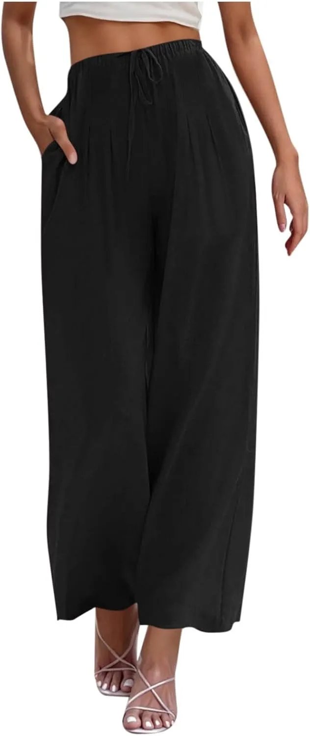 Women's Cotton Linen Summer Palazzo Pants Drawstring Elastic Waist Causal Flowy Wide Leg Beach Trousers with Pockets