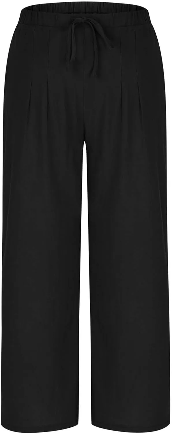 Women's Cotton Linen Summer Palazzo Pants Drawstring Elastic Waist Causal Flowy Wide Leg Beach Trousers with Pockets