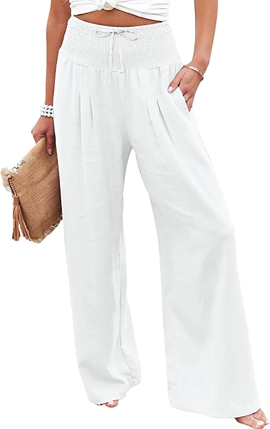 Womens Cotton Linen Wide Leg Pants Elastic High Waist Wide Leg Palazzo Pants