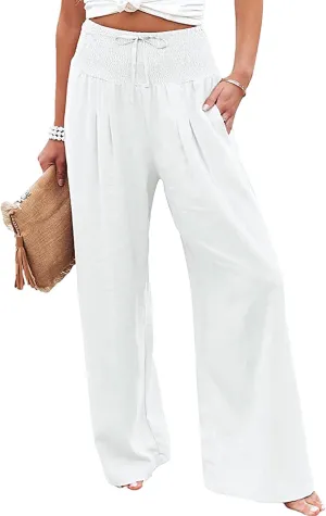 Womens Cotton Linen Wide Leg Pants Elastic High Waist Wide Leg Palazzo Pants
