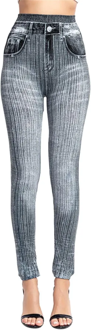 Women's Denim Print Fake Jeans Seamless Leggings, Full Length X-Small - 3X-Large