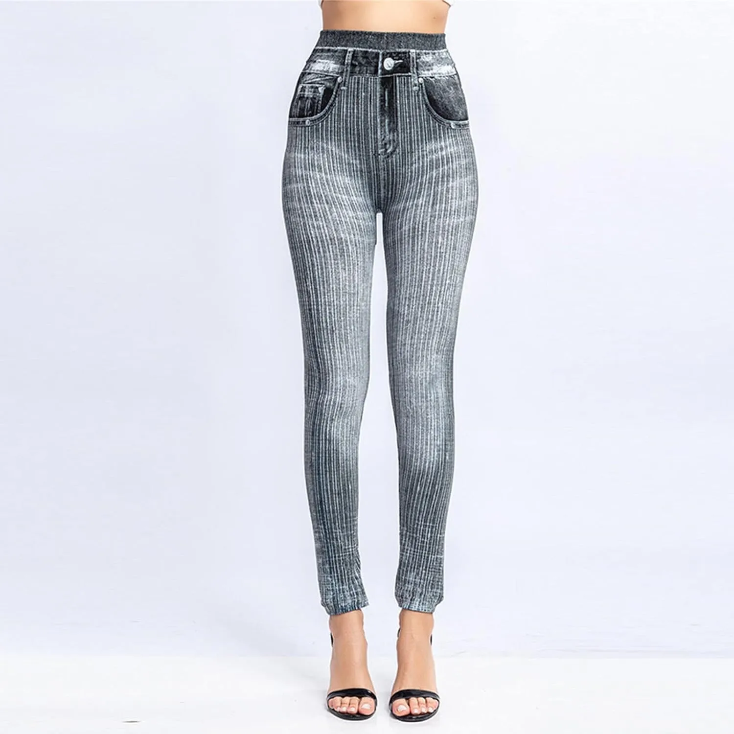 Women's Denim Print Fake Jeans Seamless Leggings, Full Length X-Small - 3X-Large