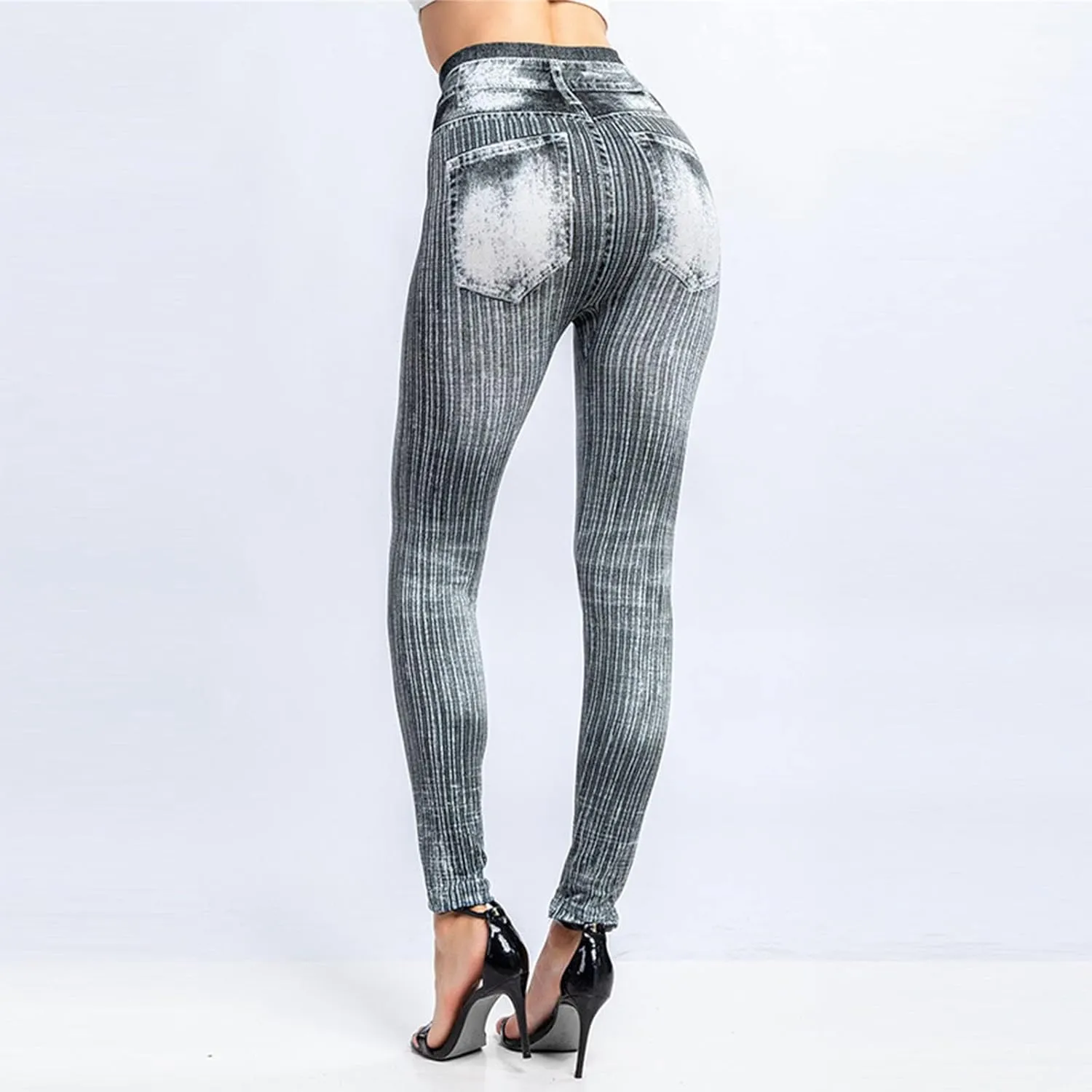 Women's Denim Print Fake Jeans Seamless Leggings, Full Length X-Small - 3X-Large