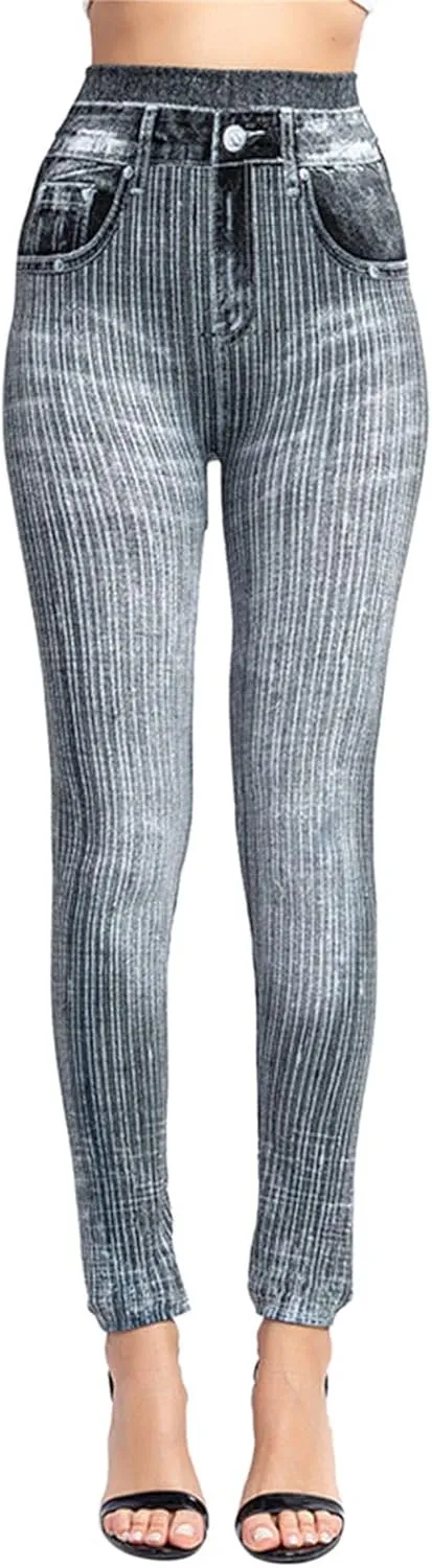 Women's Denim Print Fake Jeans Seamless Leggings, Full Length X-Small - 3X-Large