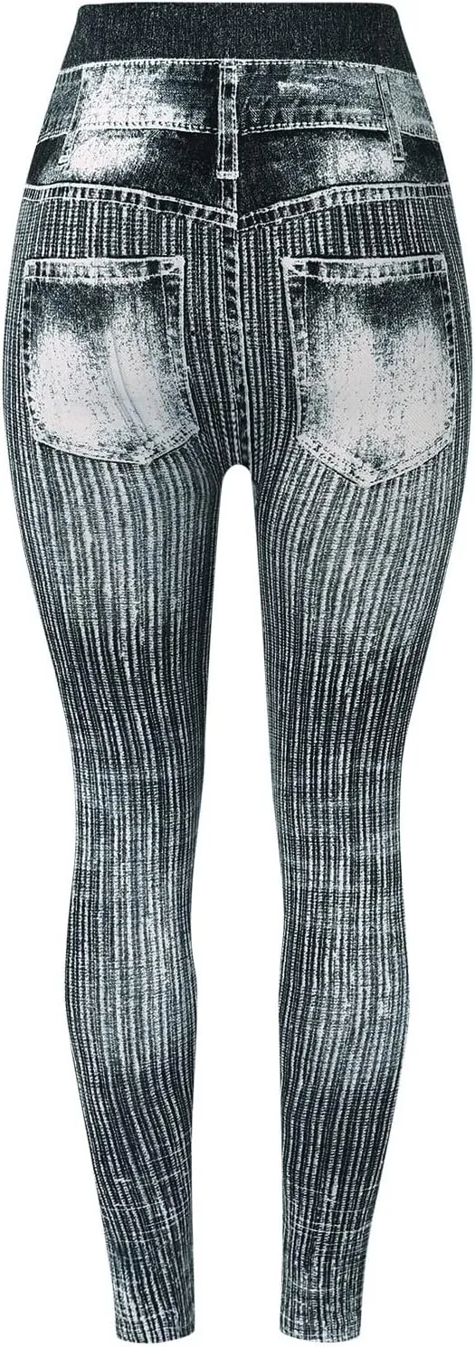 Women's Denim Print Fake Jeans Seamless Leggings, Full Length X-Small - 3X-Large
