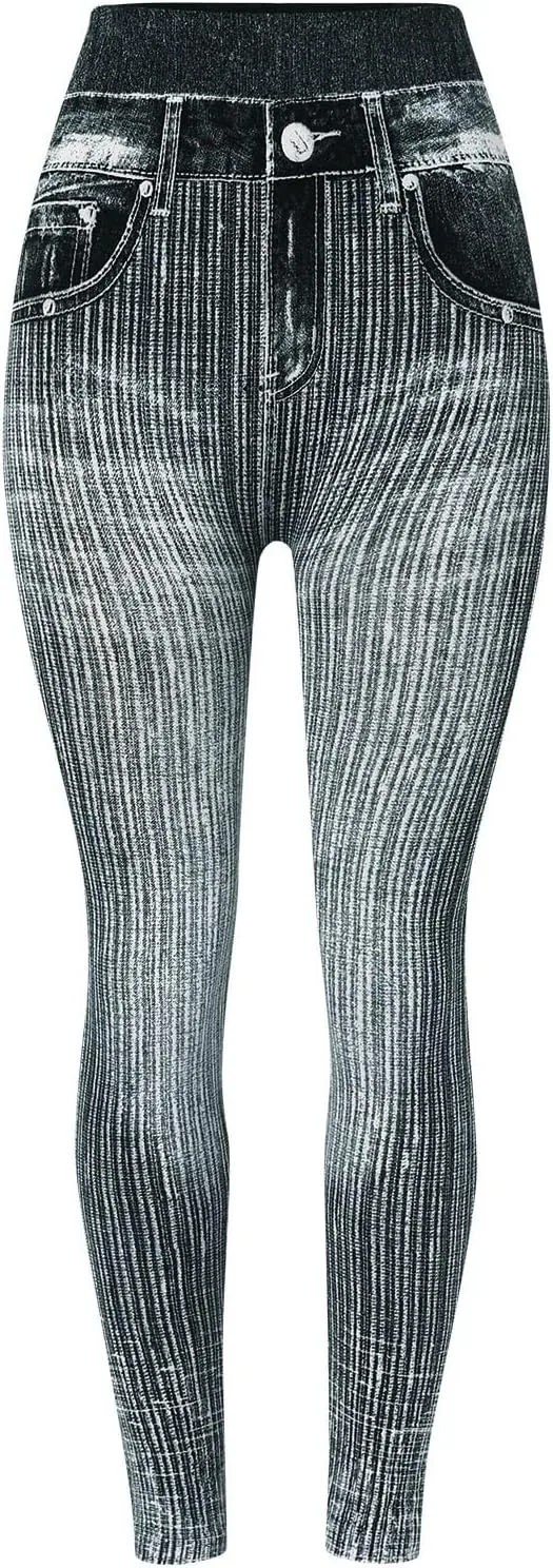 Women's Denim Print Fake Jeans Seamless Leggings, Full Length X-Small - 3X-Large