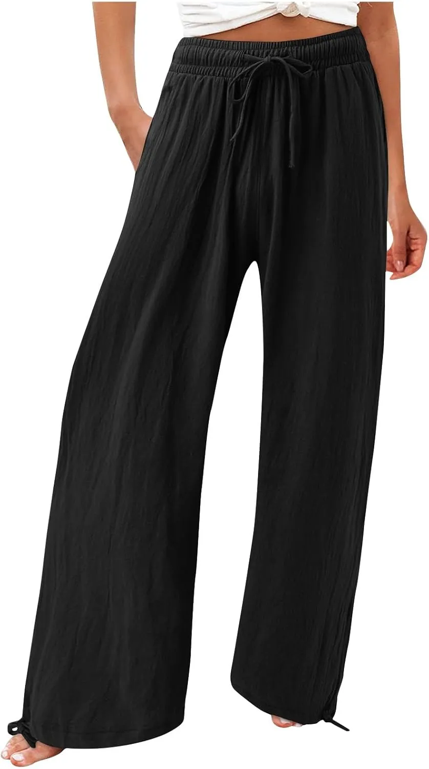 Womens Elastic High Waisted Palazzo Pants 2024 Summer Trendy Casual Wide Leg Pant Long Lounge Trousers with Pocket