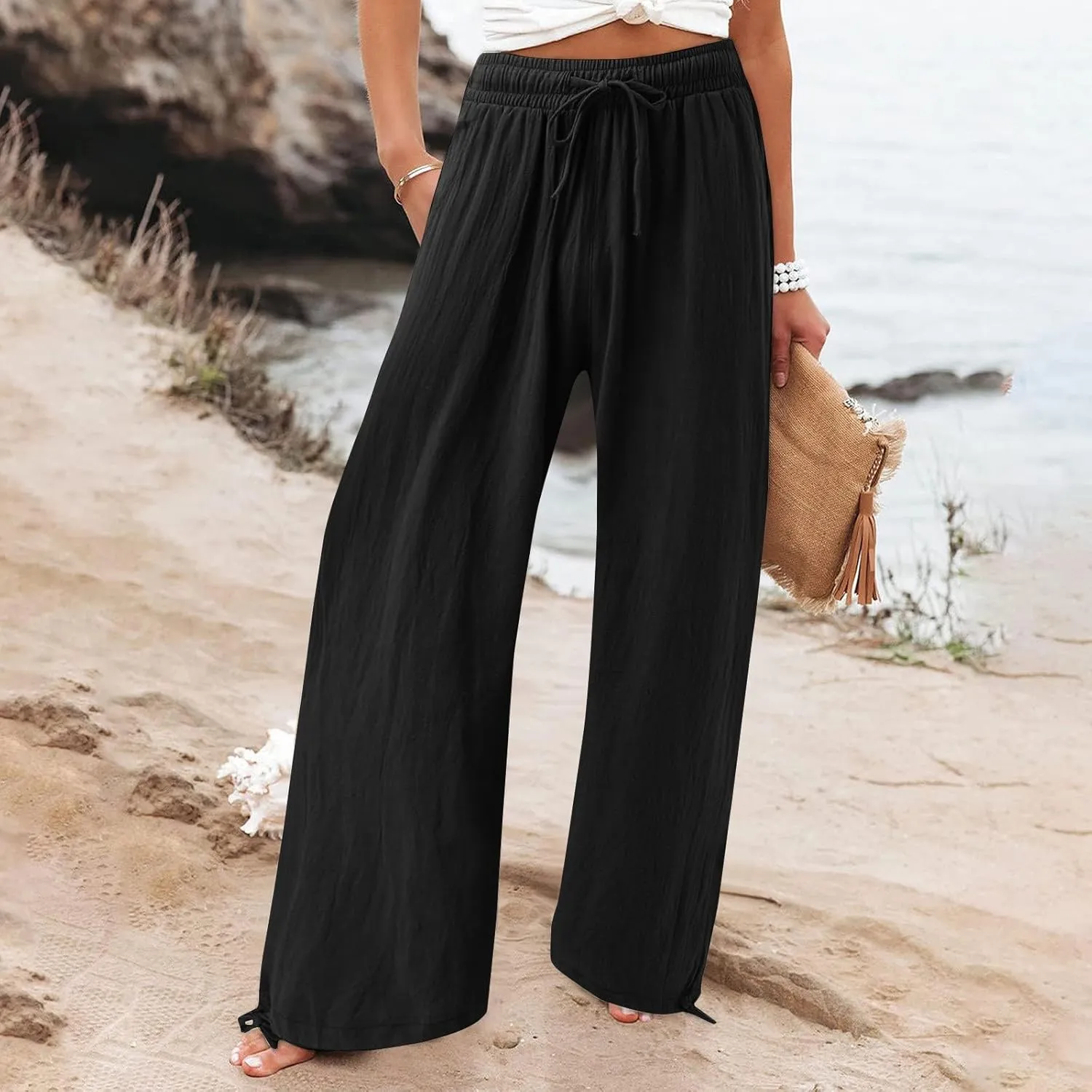 Womens Elastic High Waisted Palazzo Pants 2024 Summer Trendy Casual Wide Leg Pant Long Lounge Trousers with Pocket