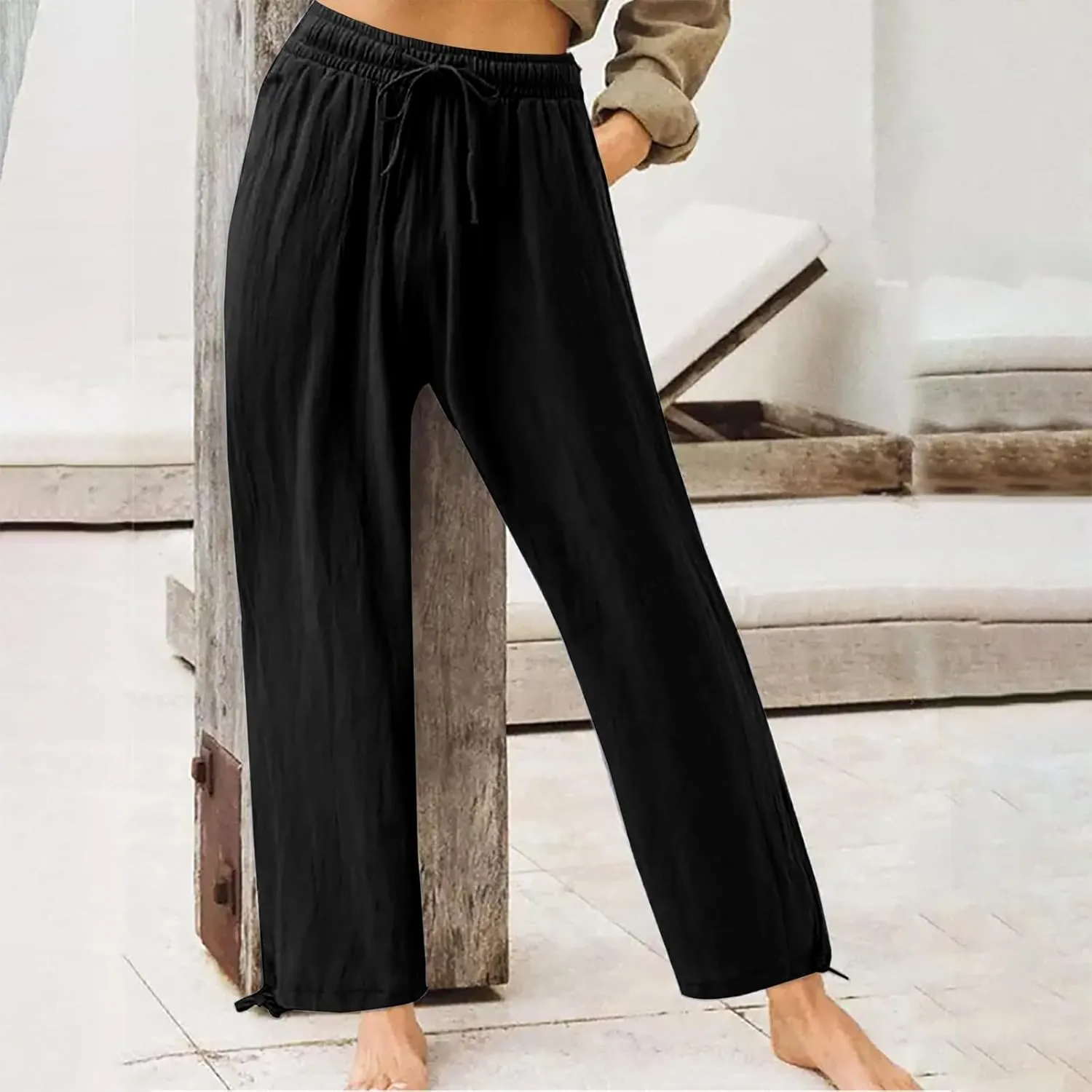 Womens Elastic High Waisted Palazzo Pants 2024 Summer Trendy Casual Wide Leg Pant Long Lounge Trousers with Pocket