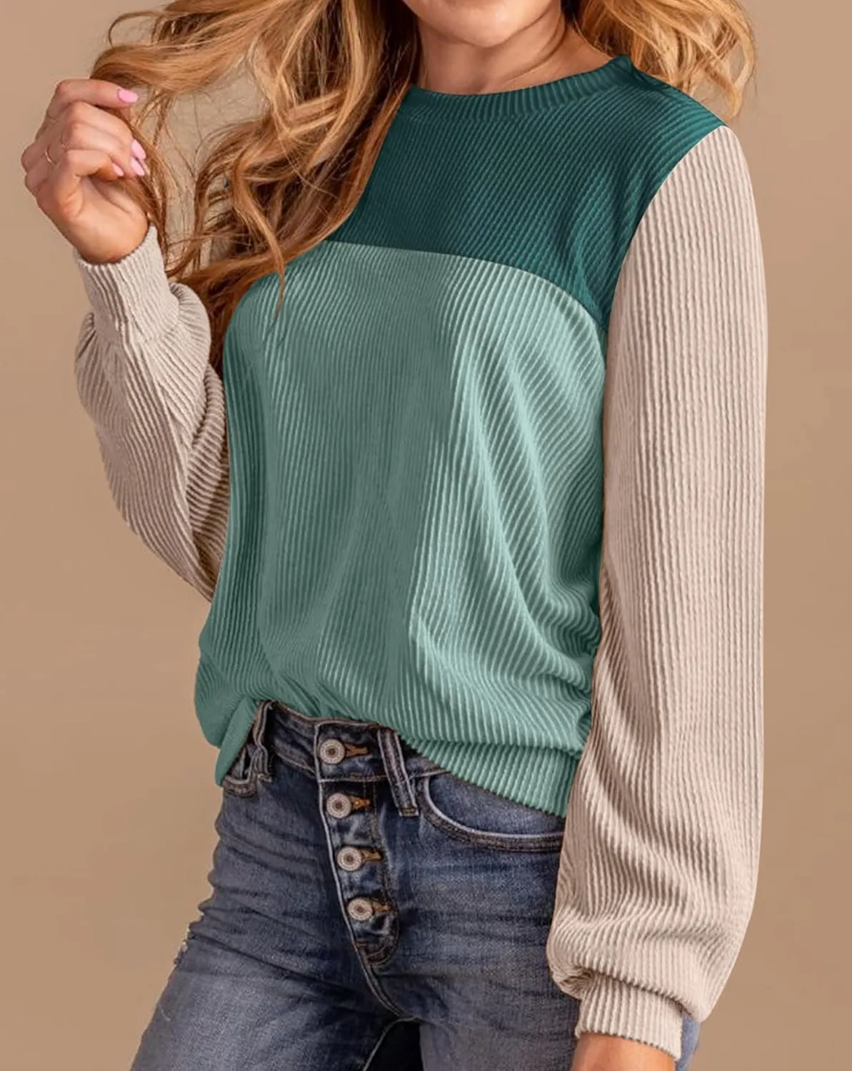 Womens Fashion Color Block Tops Crewneck Knitted Long Sleeve Shirts Casual Loose Fall Pullover with Side Slits