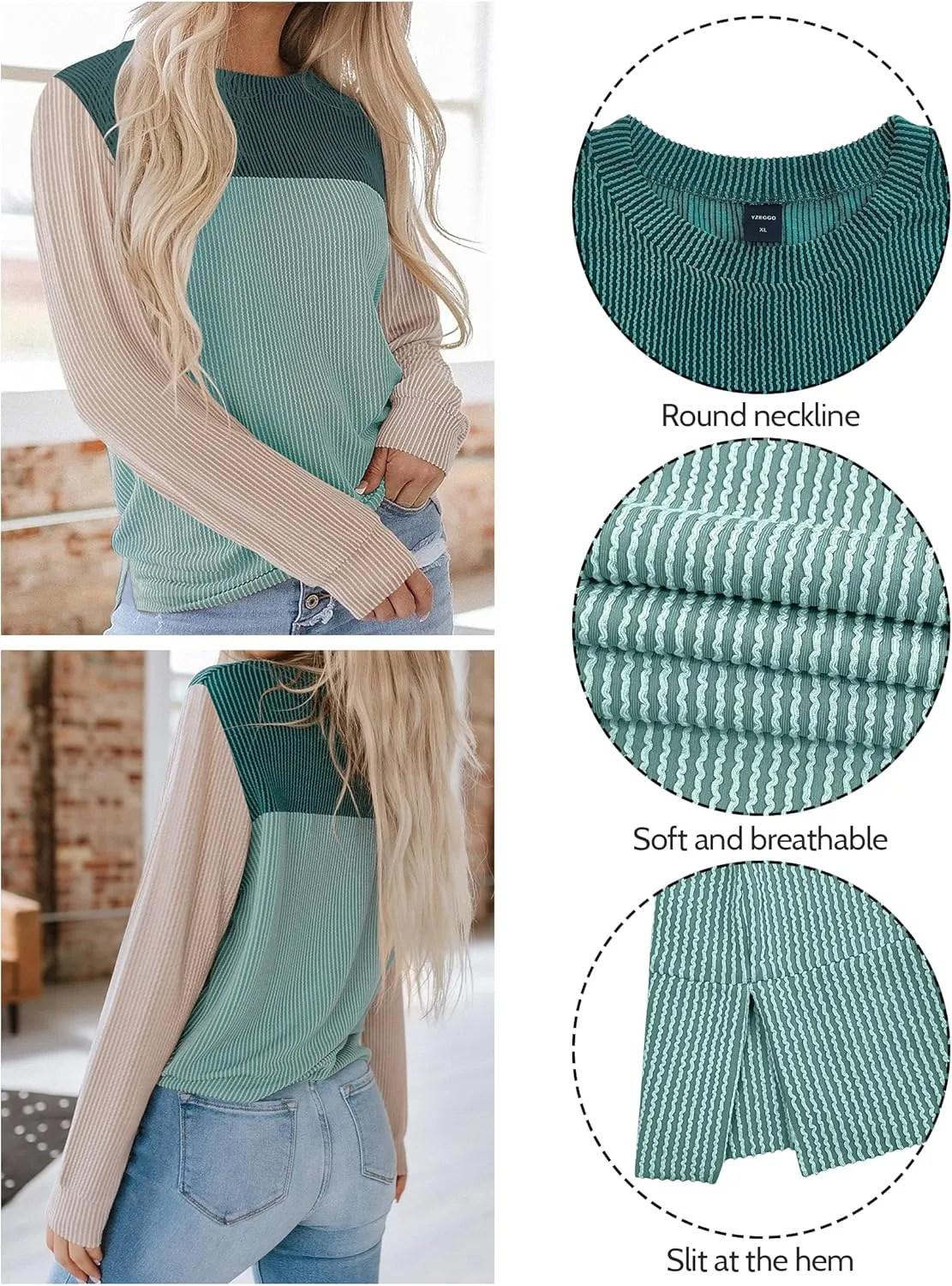 Womens Fashion Color Block Tops Crewneck Knitted Long Sleeve Shirts Casual Loose Fall Pullover with Side Slits