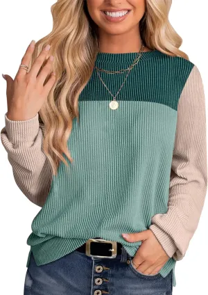 Womens Fashion Color Block Tops Crewneck Knitted Long Sleeve Shirts Casual Loose Fall Pullover with Side Slits