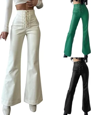 Womens Faux Leather Pants High Waisted Drawstring Front Crisscross Flare Wide Leg Pants Stretchy Y2K Party Clubwear Trousers
