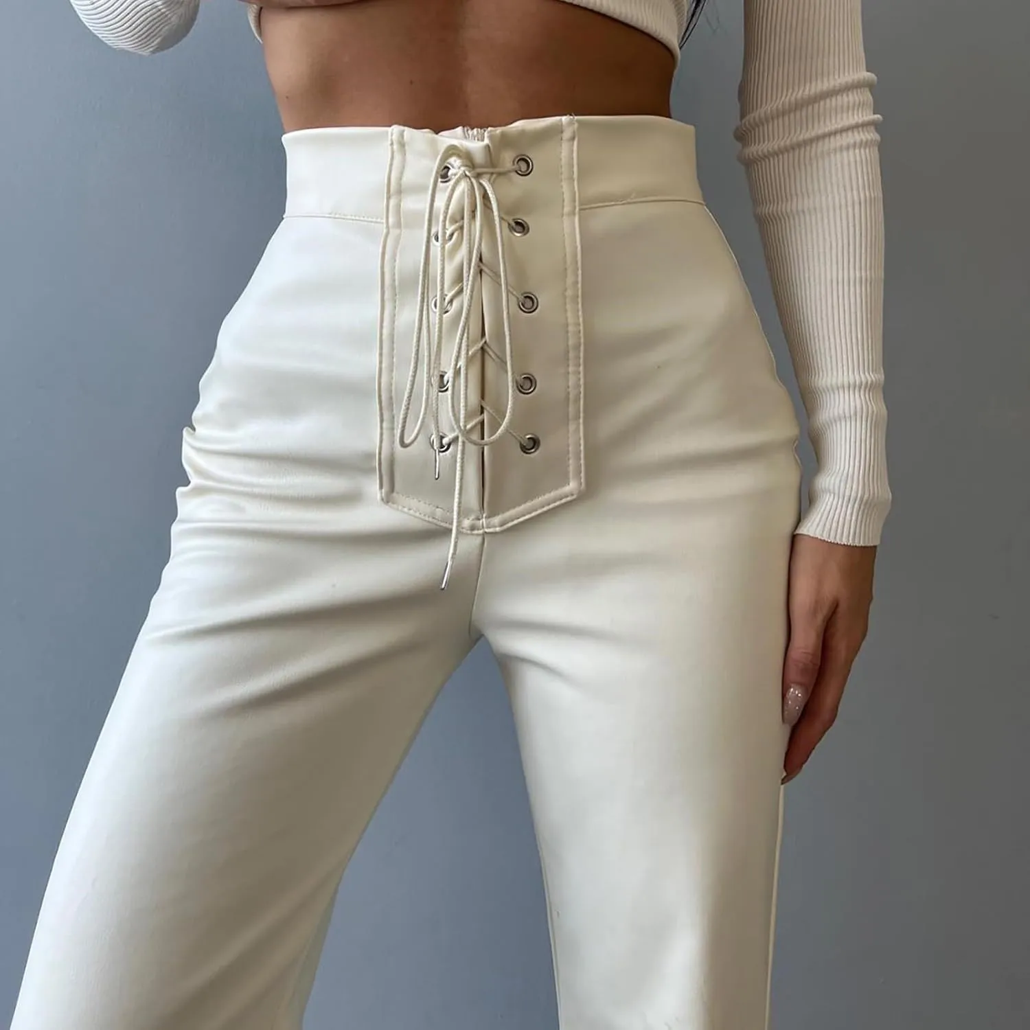 Womens Faux Leather Pants High Waisted Drawstring Front Crisscross Flare Wide Leg Pants Stretchy Y2K Party Clubwear Trousers