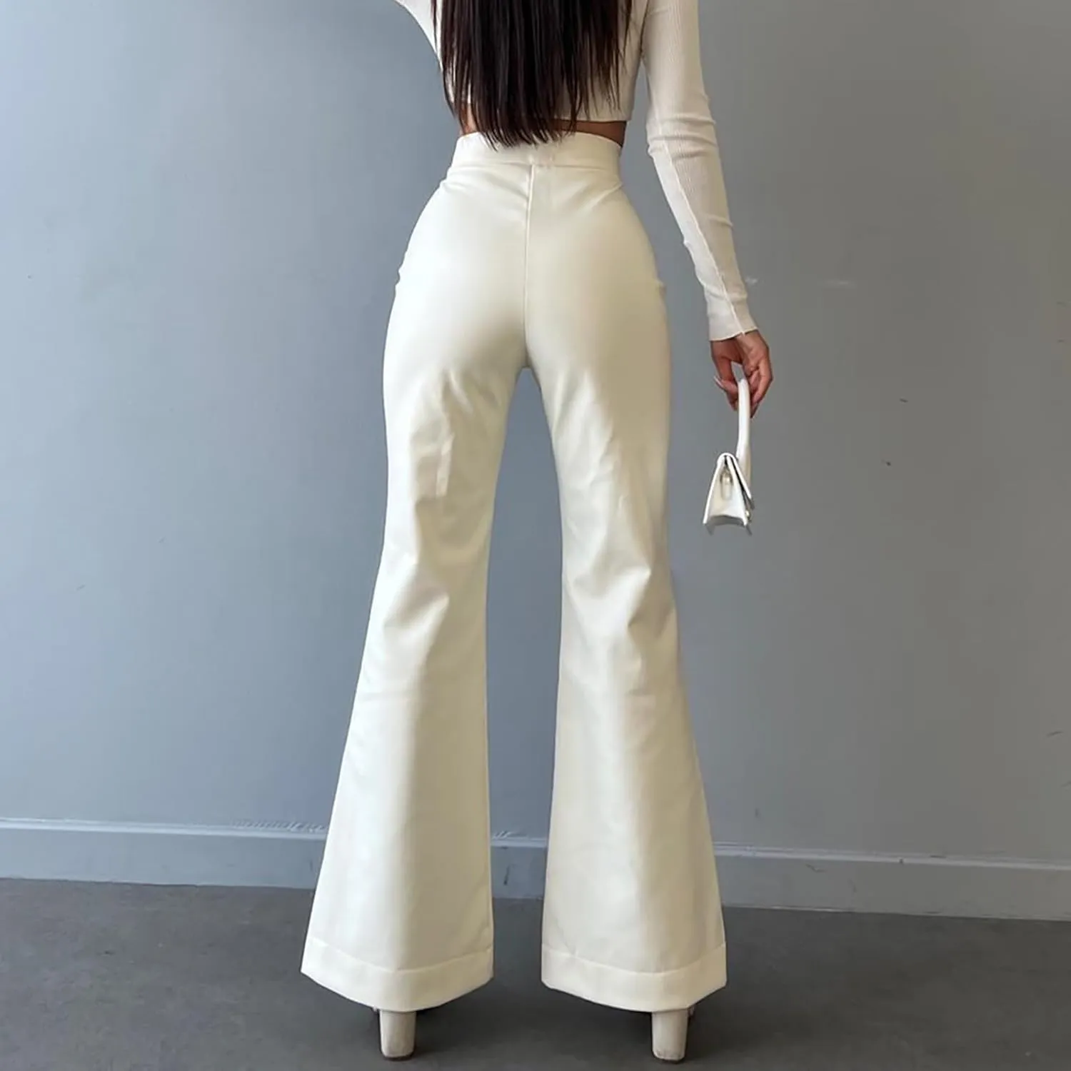 Womens Faux Leather Pants High Waisted Drawstring Front Crisscross Flare Wide Leg Pants Stretchy Y2K Party Clubwear Trousers