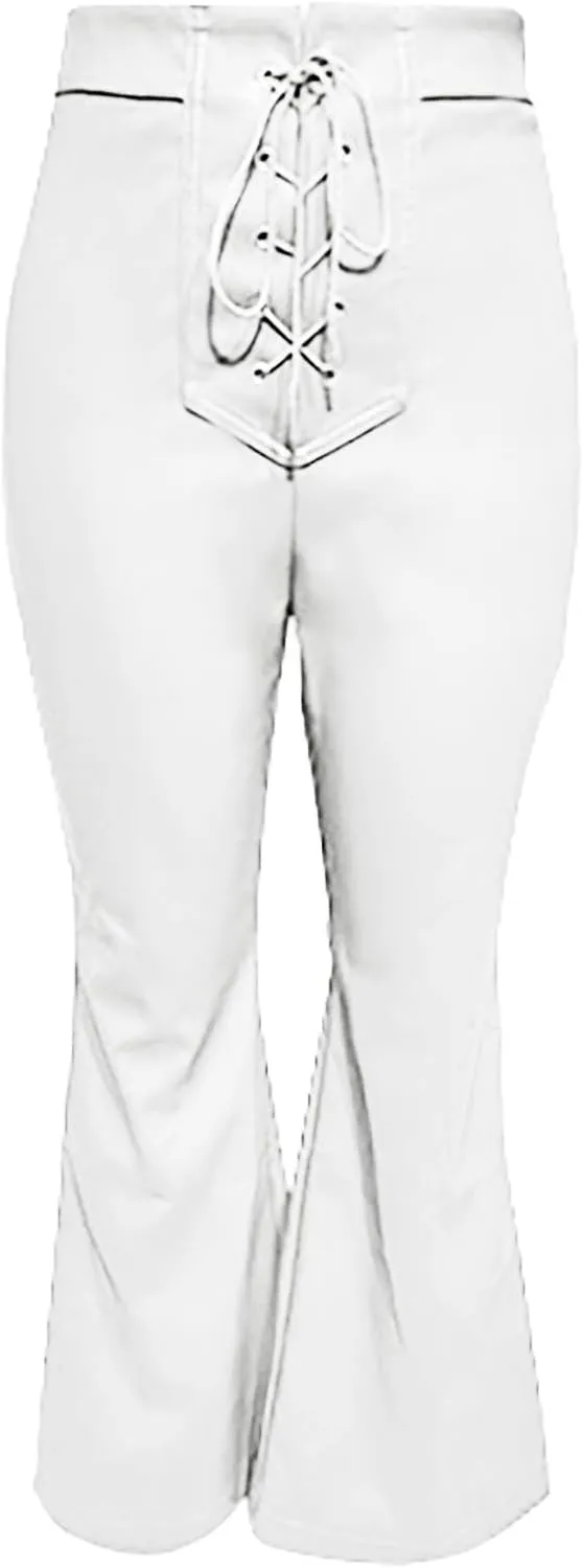 Womens Faux Leather Pants High Waisted Drawstring Front Crisscross Flare Wide Leg Pants Stretchy Y2K Party Clubwear Trousers