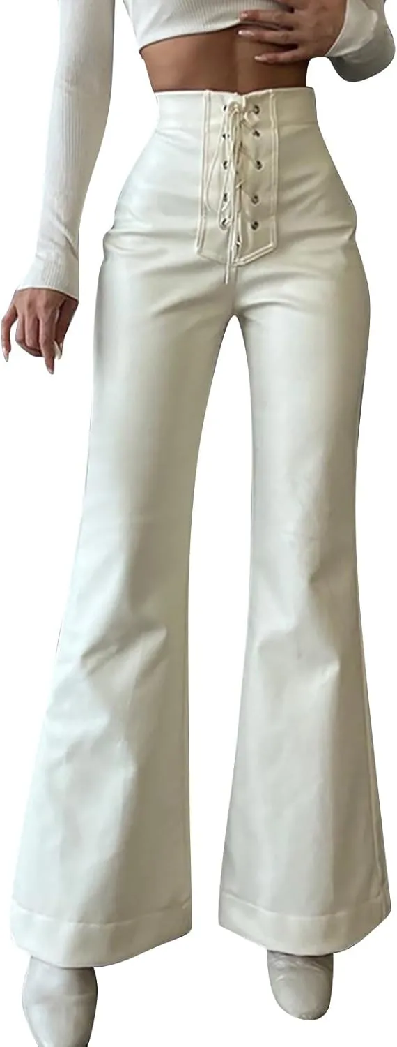 Womens Faux Leather Pants High Waisted Drawstring Front Crisscross Flare Wide Leg Pants Stretchy Y2K Party Clubwear Trousers