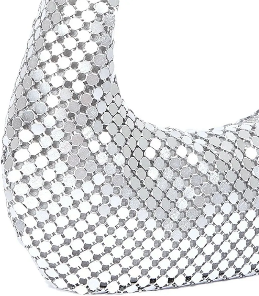 Women's Glitter Sequins Shoulder Bag Evening Hobo Clutch Underarm Purse Rhinestone Crescent Sparkling Handbag