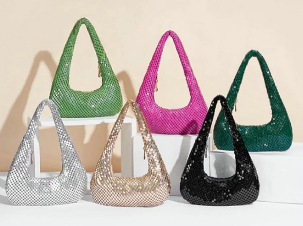Women's Glitter Sequins Shoulder Bag Evening Hobo Clutch Underarm Purse Rhinestone Crescent Sparkling Handbag