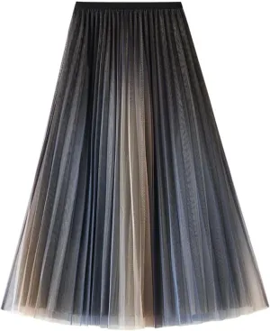 Womens Gradient Tulle Midi Skirt High Waist Pleated A-line Skirt with Lining for Summer Party Weddings Casual Outings