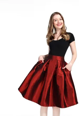 Women's High Waist Flared Skirt Pleated Midi Shinny Skirt with Pocket