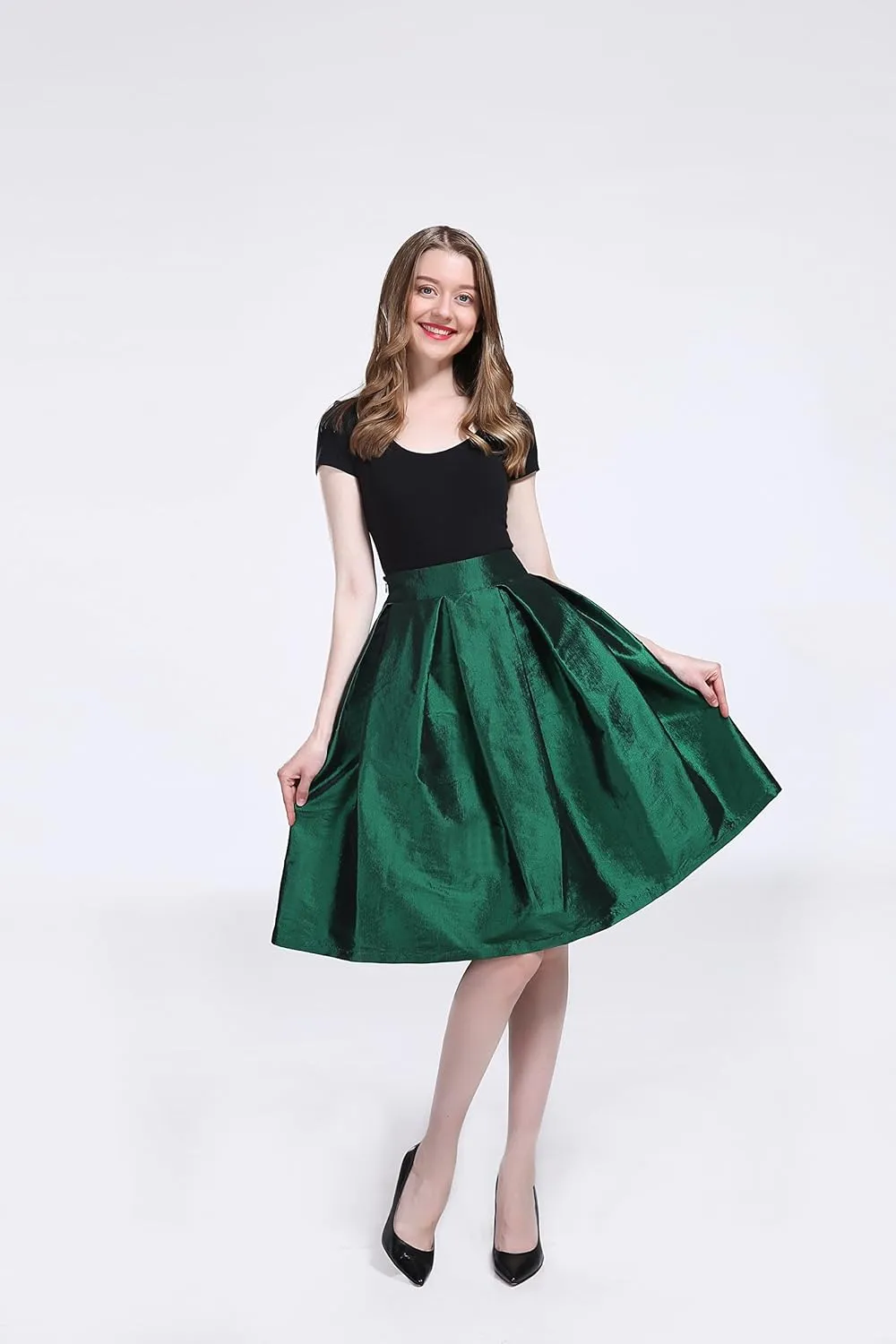 Women's High Waist Flared Skirt Pleated Midi Shinny Skirt with Pocket