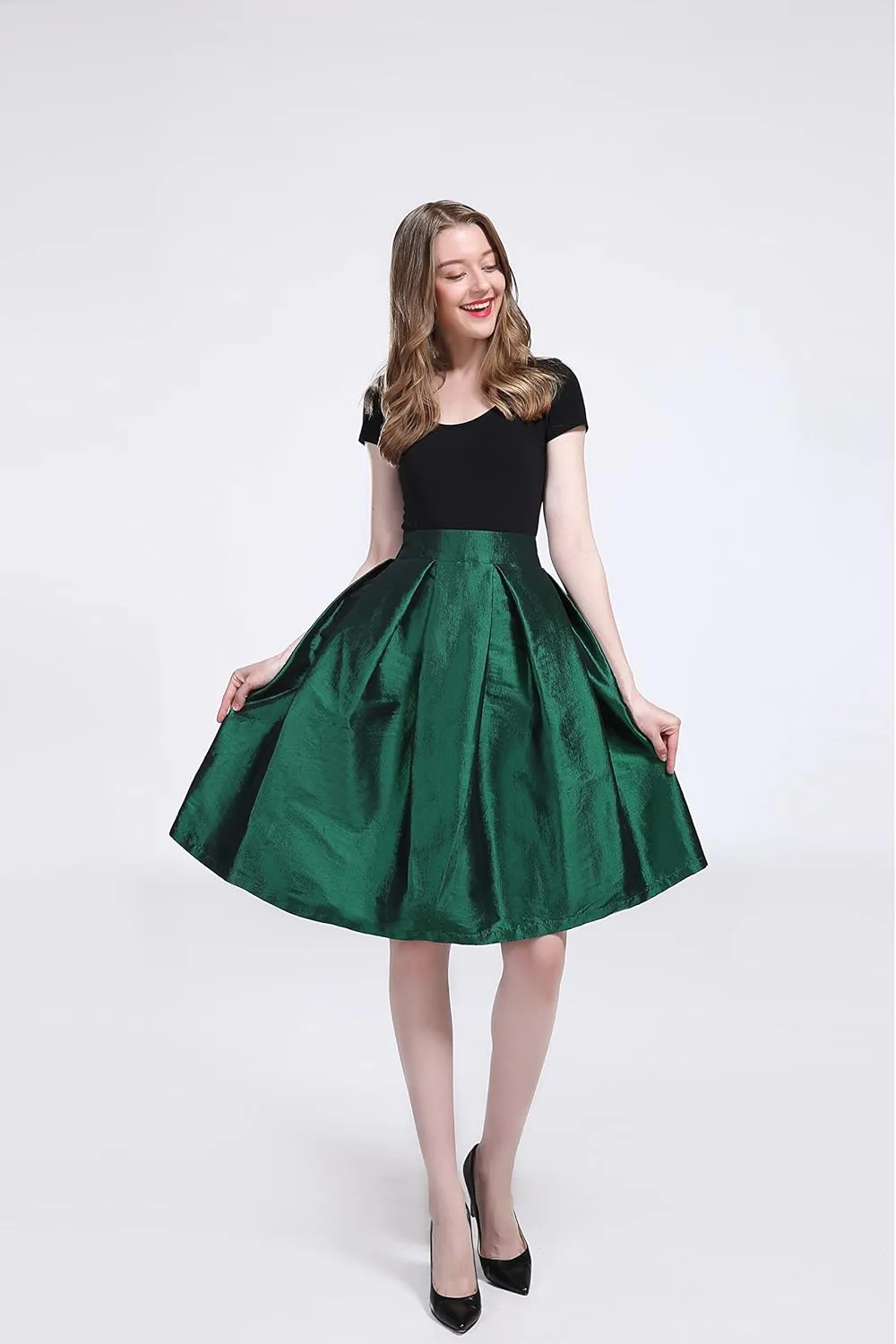 Women's High Waist Flared Skirt Pleated Midi Shinny Skirt with Pocket