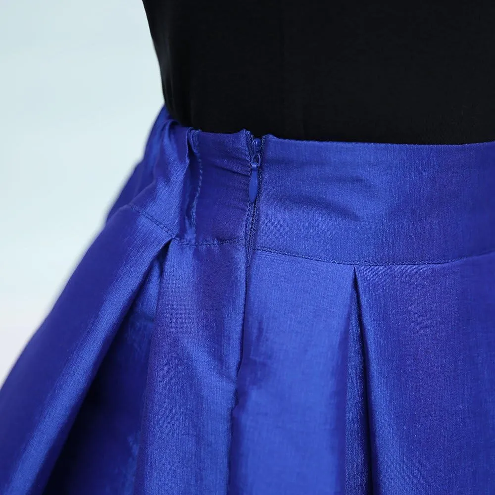 Women's High Waist Flared Skirt Pleated Midi Shinny Skirt with Pocket