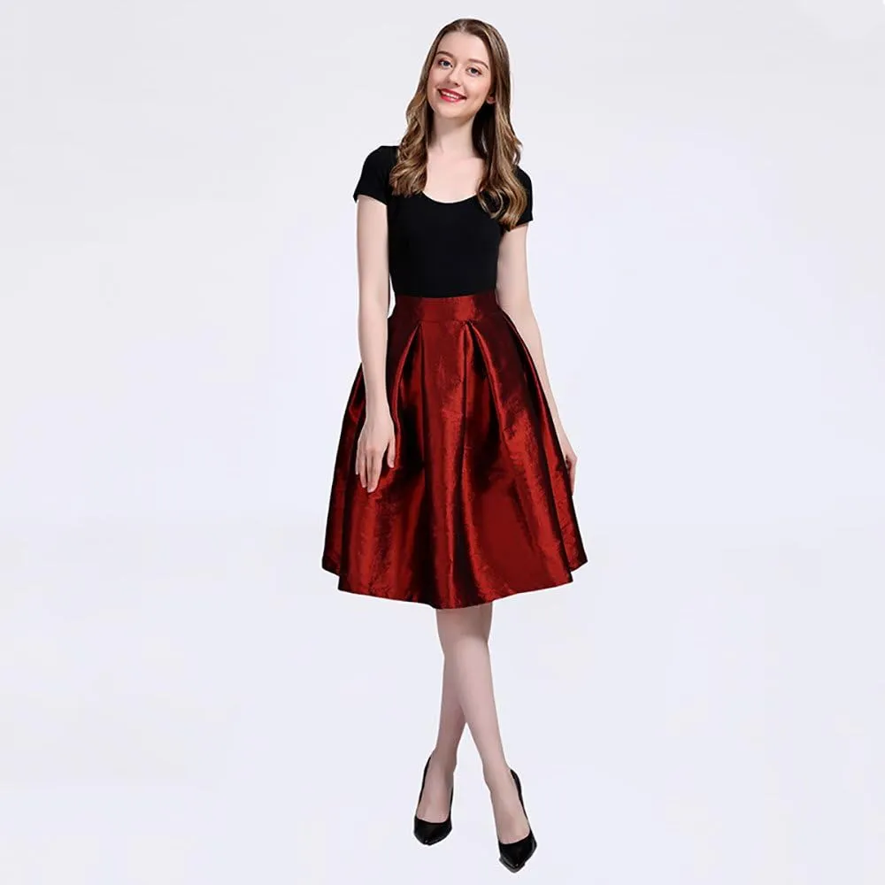 Women's High Waist Flared Skirt Pleated Midi Shinny Skirt with Pocket