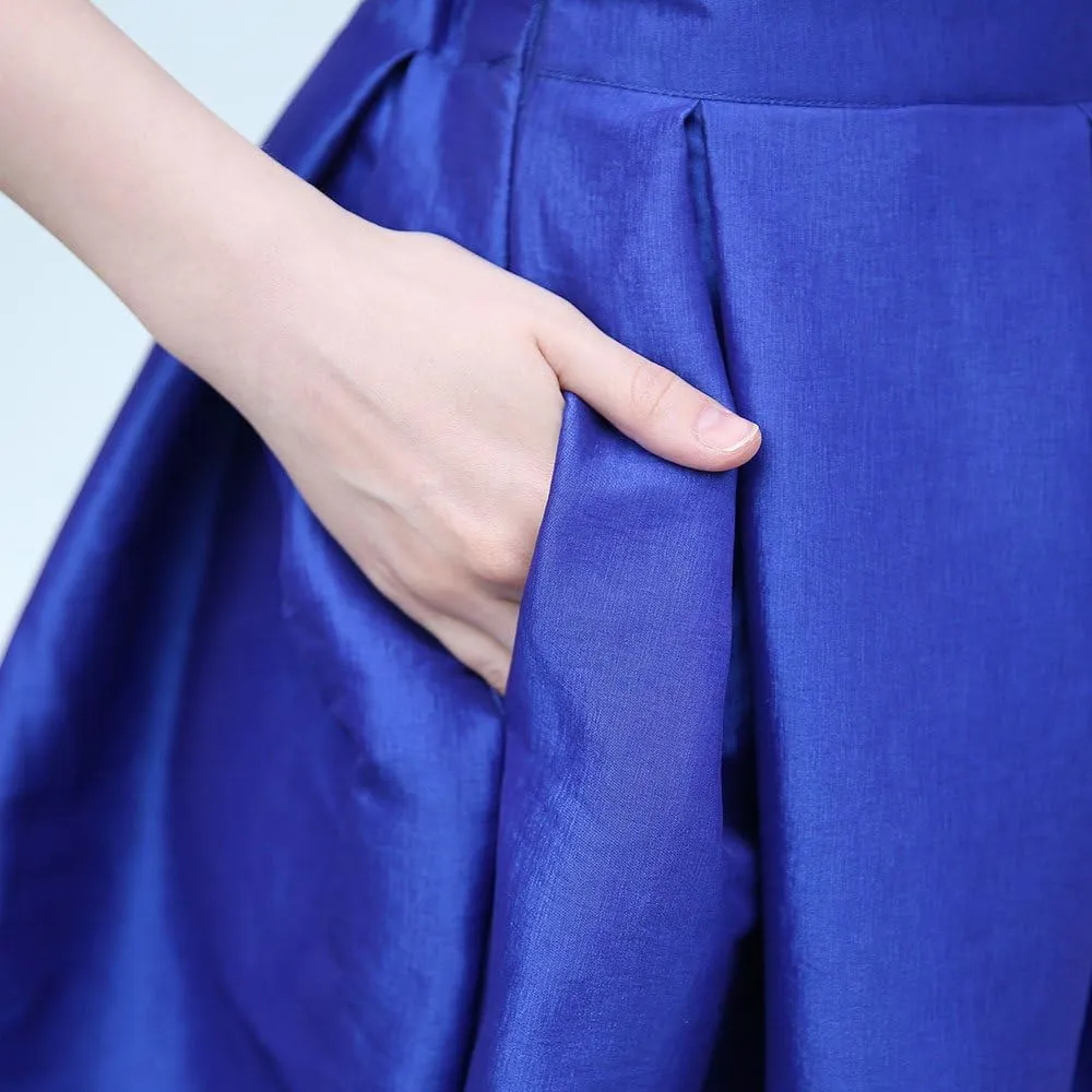 Women's High Waist Flared Skirt Pleated Midi Shinny Skirt with Pocket