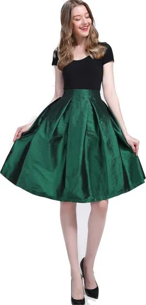 Women's High Waist Flared Skirt Pleated Midi Shinny Skirt with Pocket