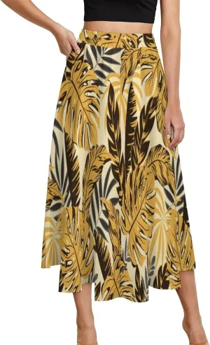 Womens High Waisted A-Line Rabbit Pleated Midi-Long Skirt