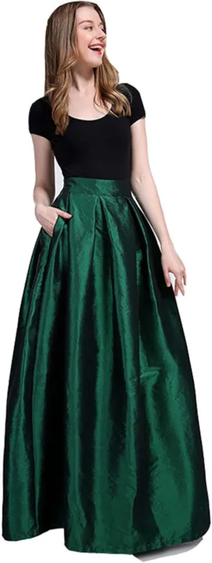 Women's High Waisted A line Street Skirt Skater Pleated Full Midi Shiny Skirt Prom Long Length Skirts with Pockets