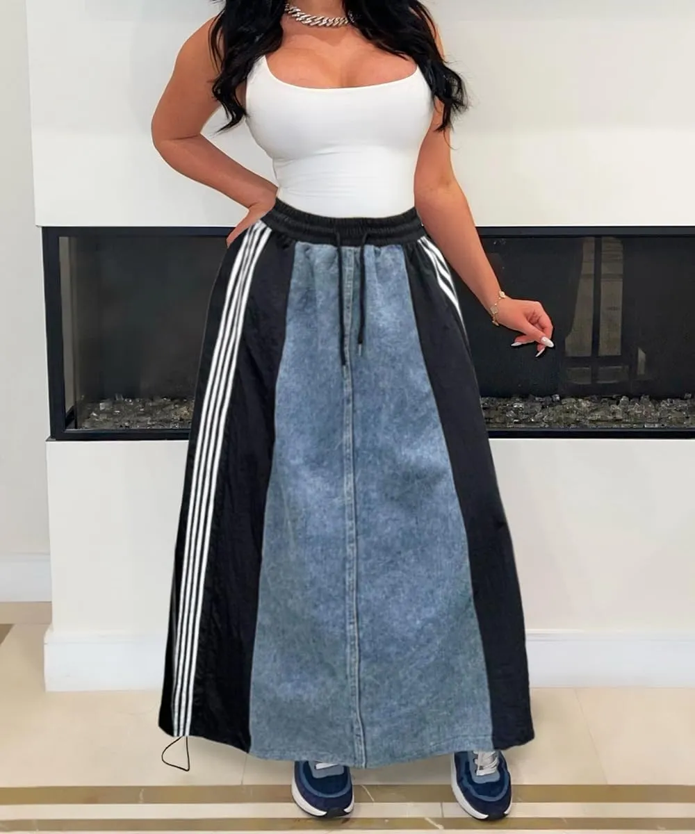 Women's High Waisted Maxi Long Denim Skirts Drawstring Contrast Stripes A Line Flowy Flare Jean Midi Skirt
